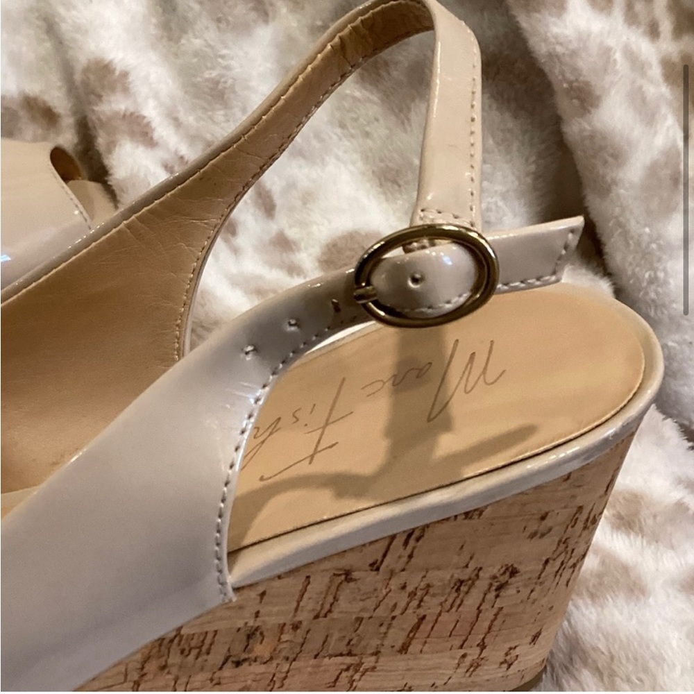 Marc Fisher Nude Patent Leather Peep Toe Wedge
Sandal, Size 8 - Picture 7 of 10